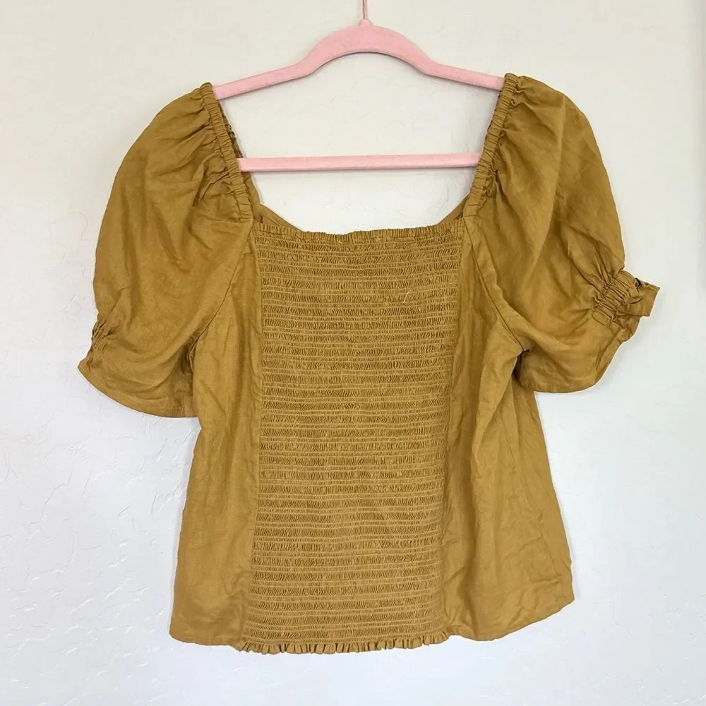 Madewell Button Front Smocked Back Hemp Puff Sleeve Top Bronze Yellow Size 6